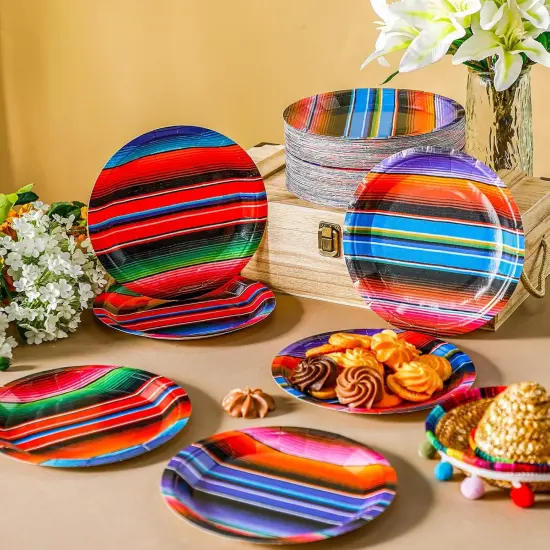 40 Pcs Mexican Paper Plates 7" Disposable Serape Fiesta Party Decoration Mexico Stripes Dessert Plate Colorful Mexico Platter Supply for Cinco De Mayo Pi&ntilde;ata Taco Dinner Tableware {2}