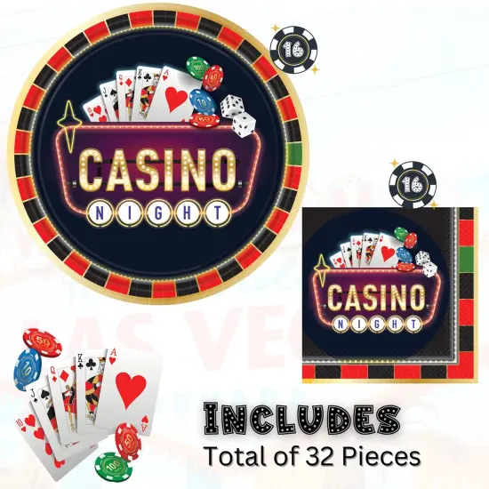 Casino Night Party Supplies Bundle, 10.5" Paper Dinner Plates and Luncheon Napkins, Serves 16 {2}