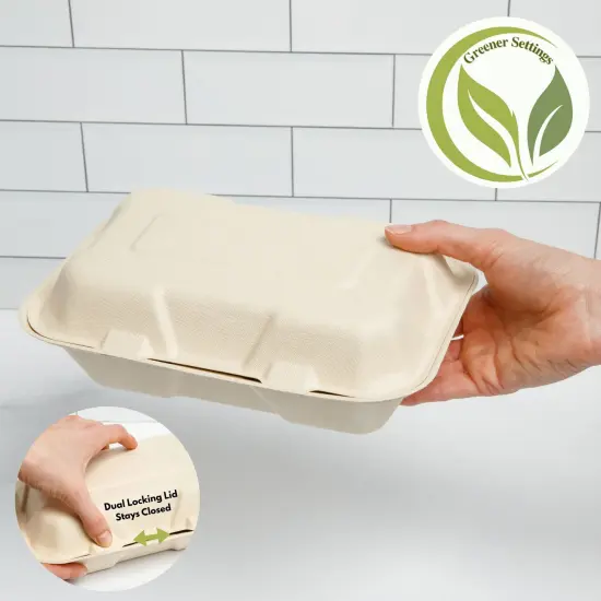 Greener Settings 75-Pack Compostable 9x6 Inch Clamshell Food Containers, Disposable Heavy-Duty Bagasse To-Go Boxes, Microwavable, Recyclable, Freezer Safe for Nachos, Wings, Cookies, Meals {5}