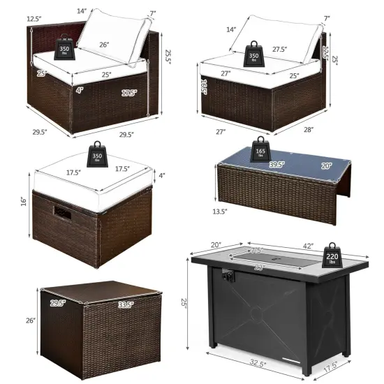 9 Pieces Outdoor Patio Furniture Set with 42 Inch Propane Fire Pit Table Red {5}