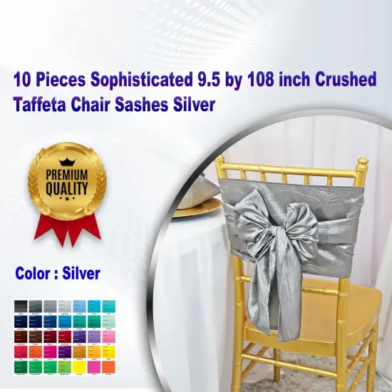 10 Pieces Sophisticated 9.5 by 108 inch Crushed Taffeta Chair Sashes Silver {1}