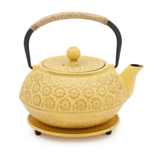 3 Piece Set Yellow Japanese Cast Iron Teapot, Loose Leaf Tetsubin with Handle, Stainless Steel Infuser, and Trivet (27 oz, 800 ml) {1}