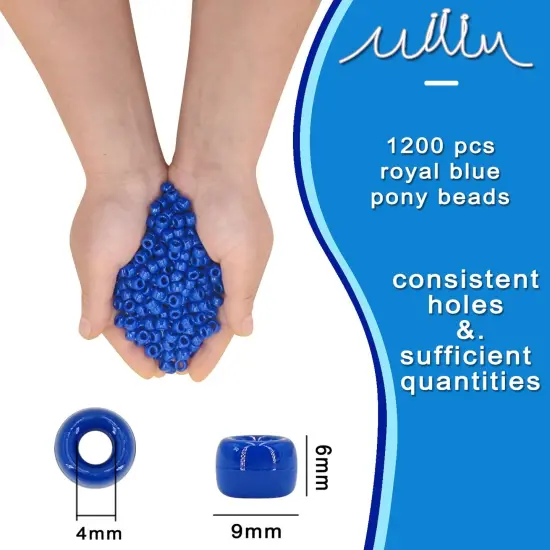 MIIIM 1200PCS 6x9mm Pony Beads Bulk, Royal Blue Pony Beads for Bracelets Making Kit, Kandi, Hair Braids Crafts for Jewelry Making (Royal Blue) {6}