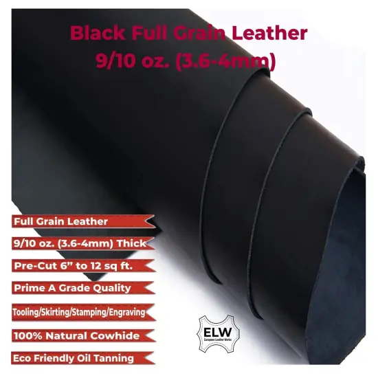 ELW Oil Tanned Black Leather 9-10 oz (3.6-4mm) Thickness Pre-Cut Cowhide Full Grain Leather for Tooling, Holsters, Knife Sheaf, Carving, Embossing, Stamping {3}