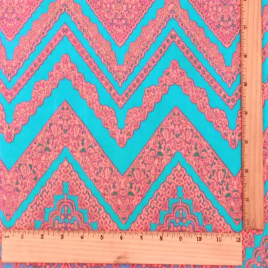 Aqua Teal-Neon Coral Lace Chevron Printed Double Brushed ITY Knit Fabric By the Yard {5}