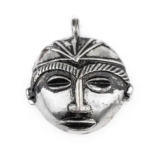 The Bead Chest Round African Silver Mask Pendant (58x62mm): Genuine West African Mask Design for DIY Jewelry & Necklaces {1}
