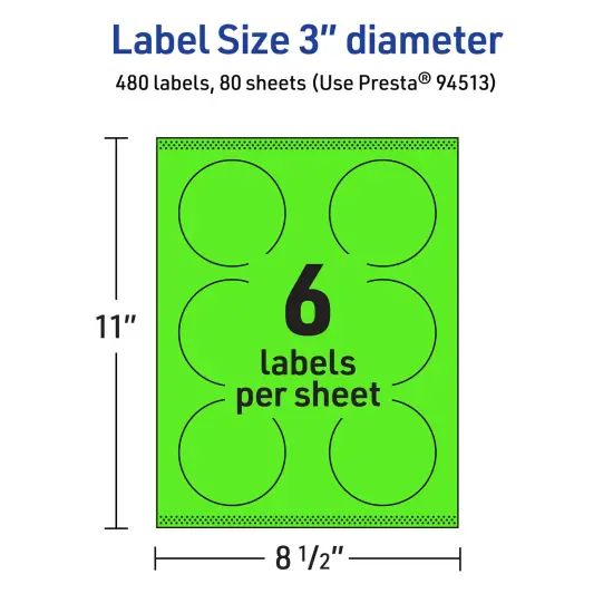 Avery Neon Green Paper Labels, 3" Diameter Round {5}