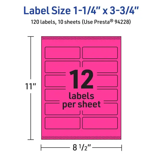 Avery Neon Magenta Paper Labels, 1.25" x 3.75" Rectangle {5}