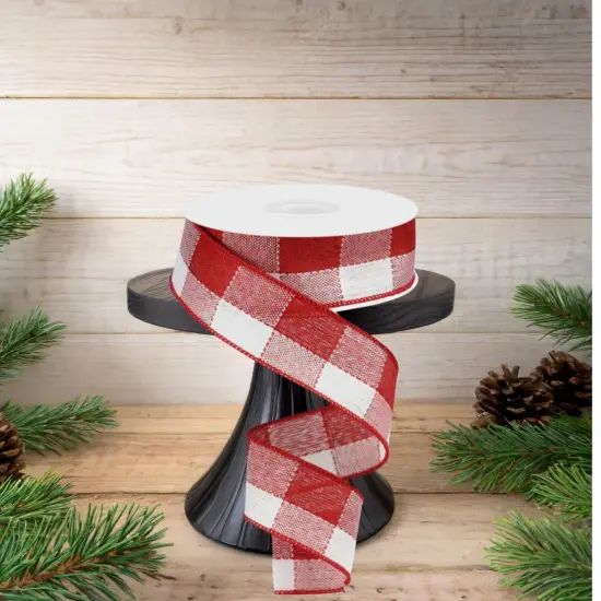 1.5" Woven Check Ribbon: Red & White (10 Yards) {3}