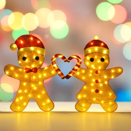 Delightful Light Up Gingerbread Man Couple with Heart-Shaped Candy Cane 32"H {1}