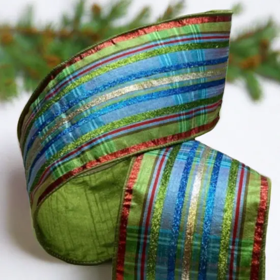 4" Faux Dupion Plaid Glitter Ribbon: Aqua (5 Yards) {4}