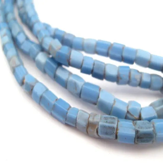 The Bead Chest Old Blue Bamiko Glass Beads 5mm Nigeria African Cylinder Large Hole 27 Inch Strand Handmade {1}