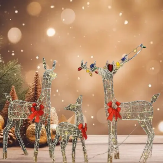 Prelit Outdoor Deer Family Trio with Iridescent PVC and Red Bows 52"+46"+29" {4}