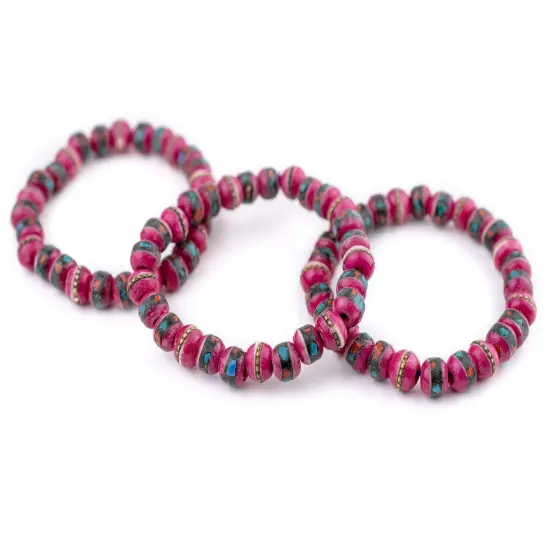 The Bead Chest Mala Stretch Bracelet, Pink - Stackable Nepal Bone Inlaid with Turquoise & Coral Colors, 100% Authentic and Genuine {3}