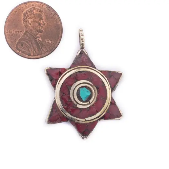 The Bead Chest Red & Blue Nepal Star of David Pendant Multicolor Brass Large Hole {2}
