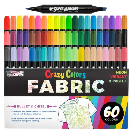 Super Markers 60 Unique Primary, Pastel, Neon Colors Dual Tip Fabric & T-Shirt Marker Set - Double-Ended Fabric Markers with Chisel Point and Fine Point Tips {1}