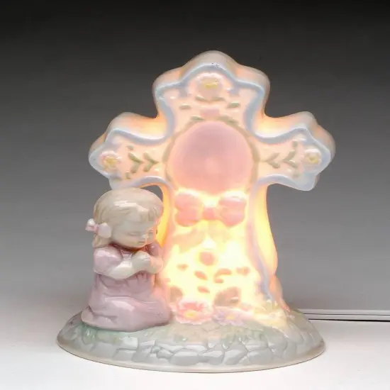 Ceramic Praying Girl Next to Cross Night, Religious Gift or Decor, Baptism Gift, Nursery Room Nightlight {3}