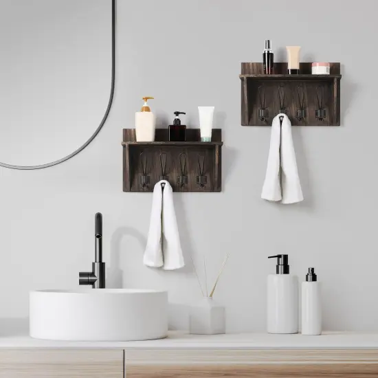 2PCS Wall-Mounted Coat Racks With Hooks Storage Display Shelf Entrance Brown {4}