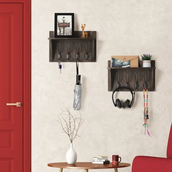 2PCS Wall-Mounted Coat Racks With Hooks Storage Display Shelf Entrance Brown {6}