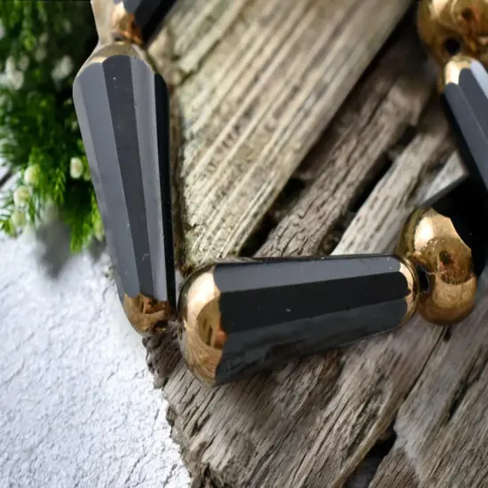 *6* 8x20mm Bronze Tipped Jet Black Faceted Drop Beads {3}