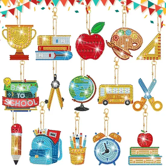15 Pcs Back to School Diamond Painting Keychain for Adult School Season 5D {1}