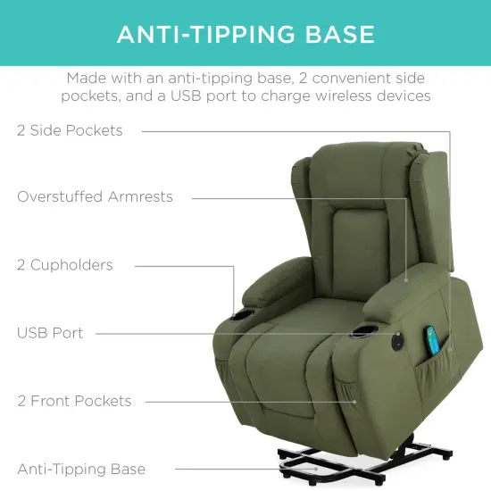 Best Choice Products Electric Power Lift Recliner Massage Chair Furniture w/ USB Port, Heat, Cupholders Olive {5}