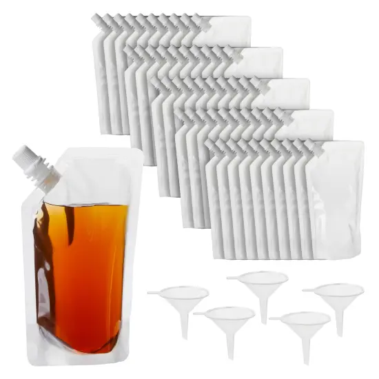 50 Pack 8oz Reusable Plastic Drink Pouches with Funnels for Juice, Soda, Beer (7 x 4 In) {5}