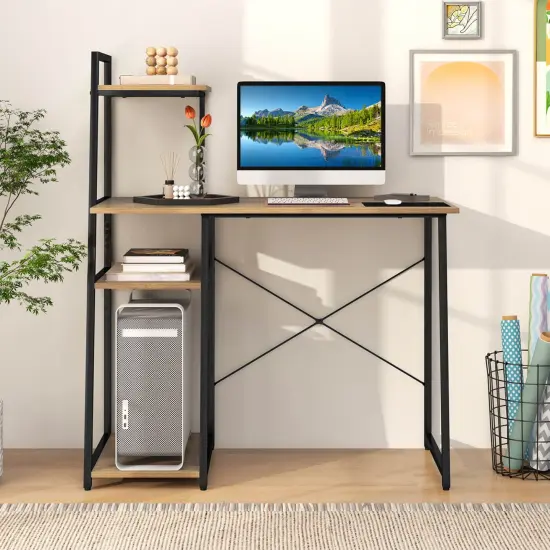 Costway Home Office Desk with Bookshelf Host Stand Metal Frame Study Writing Desk {2}
