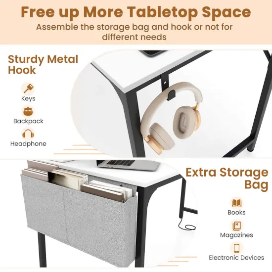 Costway 60" Modern Computer Desk with Charging Station with Storage Bag & Headphone Hook White {5}