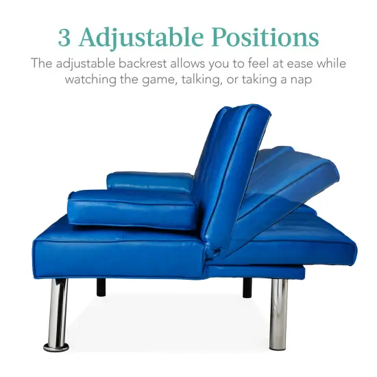 Best Choice Products Modern Faux Leather Convertible Futon Sofa w/ Removable Armrests, 2 Cupholders Royal Blue {2}