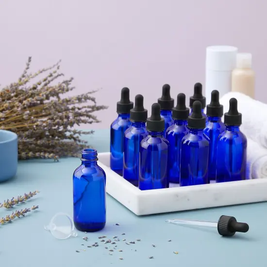 30 Pack 2 Oz Blue Glass Eye Dropper Bottles with 6 Funnels for Essential Oils, Travel Aromatherapy Perfume, Liquid Cosmetics (36 Pieces) {4}