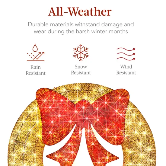 Best Choice Products 36in Pre-Lit Outdoor Christmas Wreath, LED Metal Holiday D&eacute;cor w/ 120 Lights, Bow Gold/Red {5}