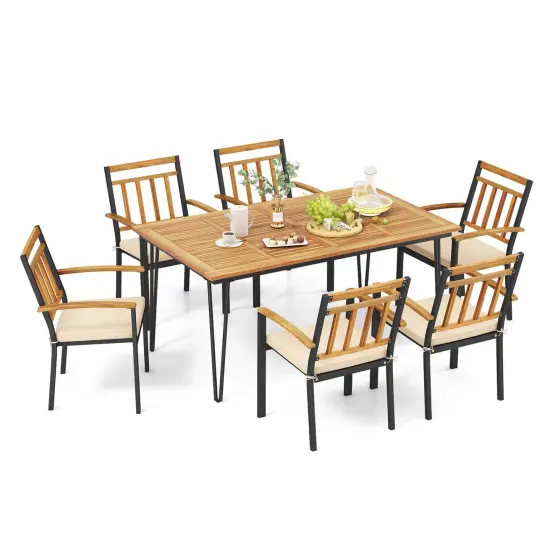 Costway 7 PCS Patio Dining Set with Acacia Wood Dining Table Rattan Armchairs Soft Cushions {2}