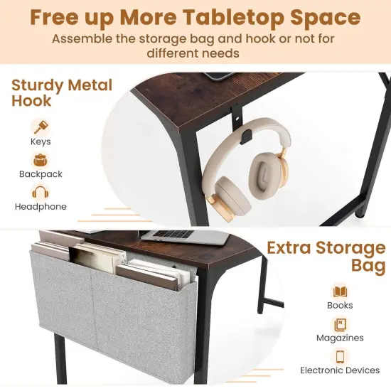 Costway 60" Modern Computer Desk with Charging Station with Storage Bag & Headphone Hook Borwn {5}