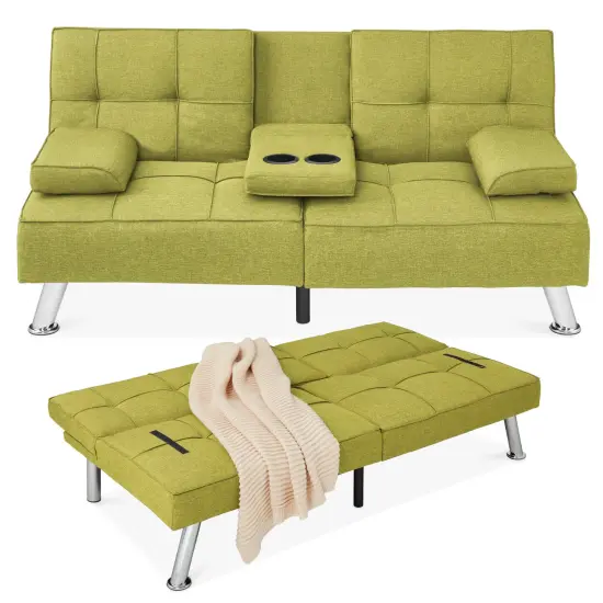 Best Choice Products Modern Linen Convertible Futon Sofa Bed w/ Removable Armrests, Metal Legs, Cupholders Chartreuse {1}