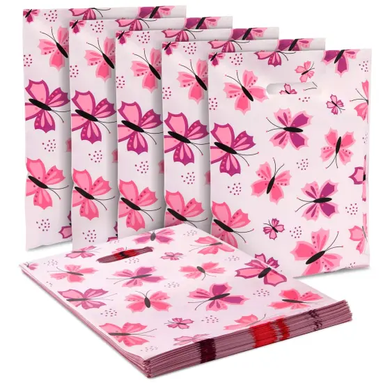 100 Pack 9 x 12 In Small Merchandise Bags with Handles for Boutique, Cute Butterfly Shopping Bags for Retail Business (Pink) {7}