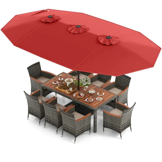 Costway 10 Pieces Patio Wicker Dining Set with Double-Sided Patio Umbrella 8 Armchairs Grey/Red/Orange/Turquoise/Beige/Coffee {12}