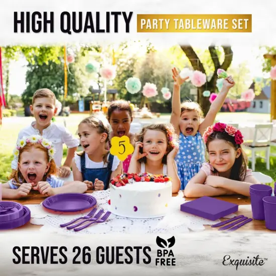 Exquisite 182 Pcs Plastic Plates for Party &ndash; Disposable Plates Set &ndash; 26 Each of 9" Dinner Plates, 7" Dessert Plates, Plastic Cups, Napkins & Plastic Cutlery &ndash; Plastic Dinnerware by Party Solids Purple {5}