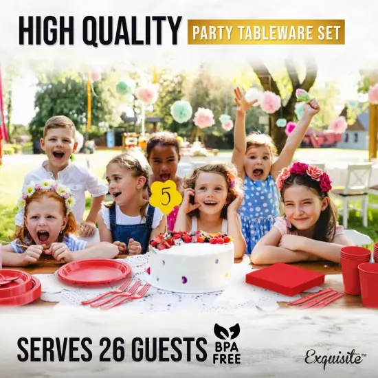 Exquisite 182 Pcs Plastic Plates for Party &ndash; Disposable Plates Set &ndash; 26 Each of 9" Dinner Plates, 7" Dessert Plates, Plastic Cups, Napkins & Plastic Cutlery &ndash; Plastic Dinnerware by Party Solids Red {6}