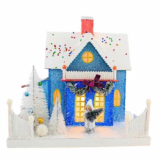 Cody Foster 9.75 In Confetti Cottage Christmas Putz House , Christmas Decor Village House Putz Blue {1}