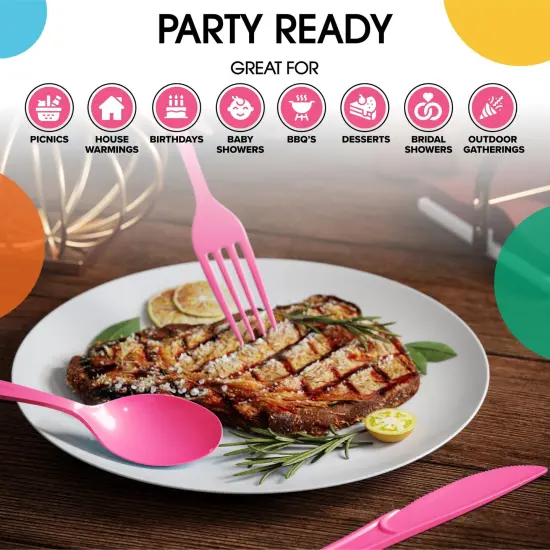 Exquisite Polished Plastic Silverware &ndash; 150 Pcs Heavy Duty Cutlery Set &ndash; 50 Each of Forks, Knives & Spoons &ndash; Disposable Utensil Set for Parties, Events & Catering &ndash; Flatware Set by Party Solids Hot Pink {6}