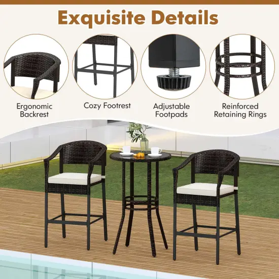 Costway 3 PCS Patio Rattan Bar Set Wicker Armchairs & Round Table with Tempered Glass Top {6}