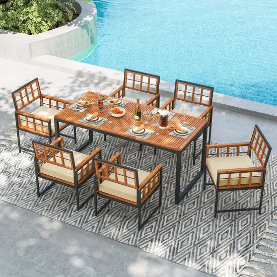 Costway 7 PCS Patio Dining Set Outdoor Acacia Wood Table with Soft Cushions Umbrella Hole {1}