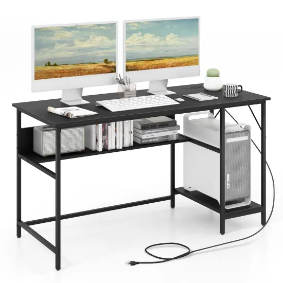 Costway 55'' Computer Desk w/ Charging Station Home Office PC Desk w/ 4 Power Outlets {1}