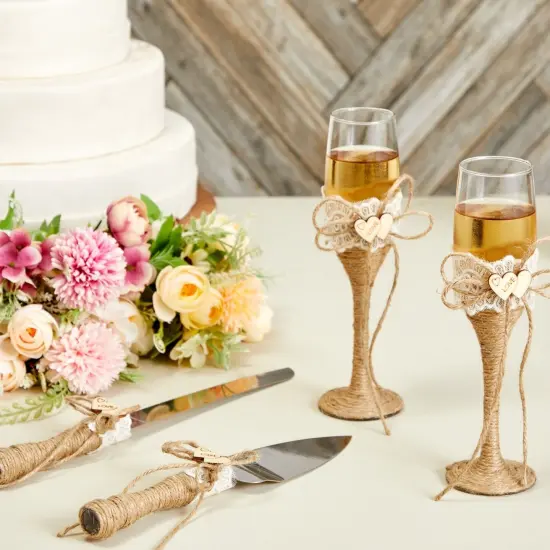 4 Piece Rustic-Style Wedding Cake Knife and Server Set with Champagne Glasses for Bride and Groom, Farmhouse Theme Reception, Country Decorations Multicolor {3}