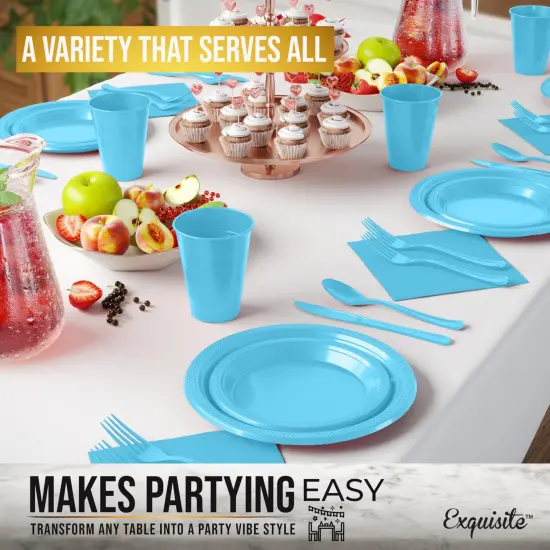 Exquisite 182 Pcs Plastic Plates for Party &ndash; Disposable Plates Set &ndash; 26 Each of 9" Dinner Plates, 7" Dessert Plates, Plastic Cups, Napkins & Plastic Cutlery &ndash; Plastic Dinnerware by Party Solids Light Blue {6}