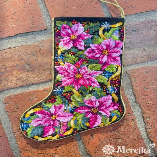 Pink Poinsettia Christmas Stocking K-262 Counted Cross-Stitch Kit {4}