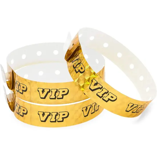 VIP Wristbands, Gold Holographic Plastic Bracelets (9.75 x 0.65 in, 100 Pack) {1}