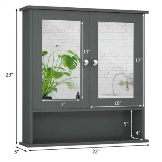 Wall Mounted MDF Bathroom Storage Cabinet with Mirrored Doors and Adjustable Shelves Grey {2}