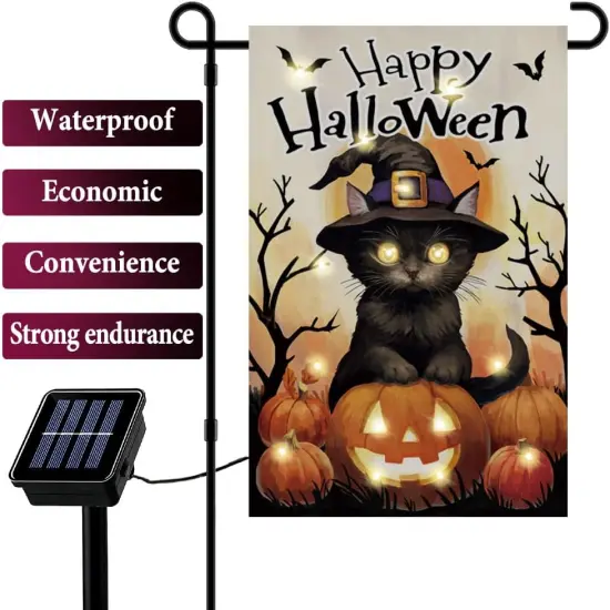 Happy Halloween Cat Pumpkin Flag with Solar LED Lights (12"x18") {2}